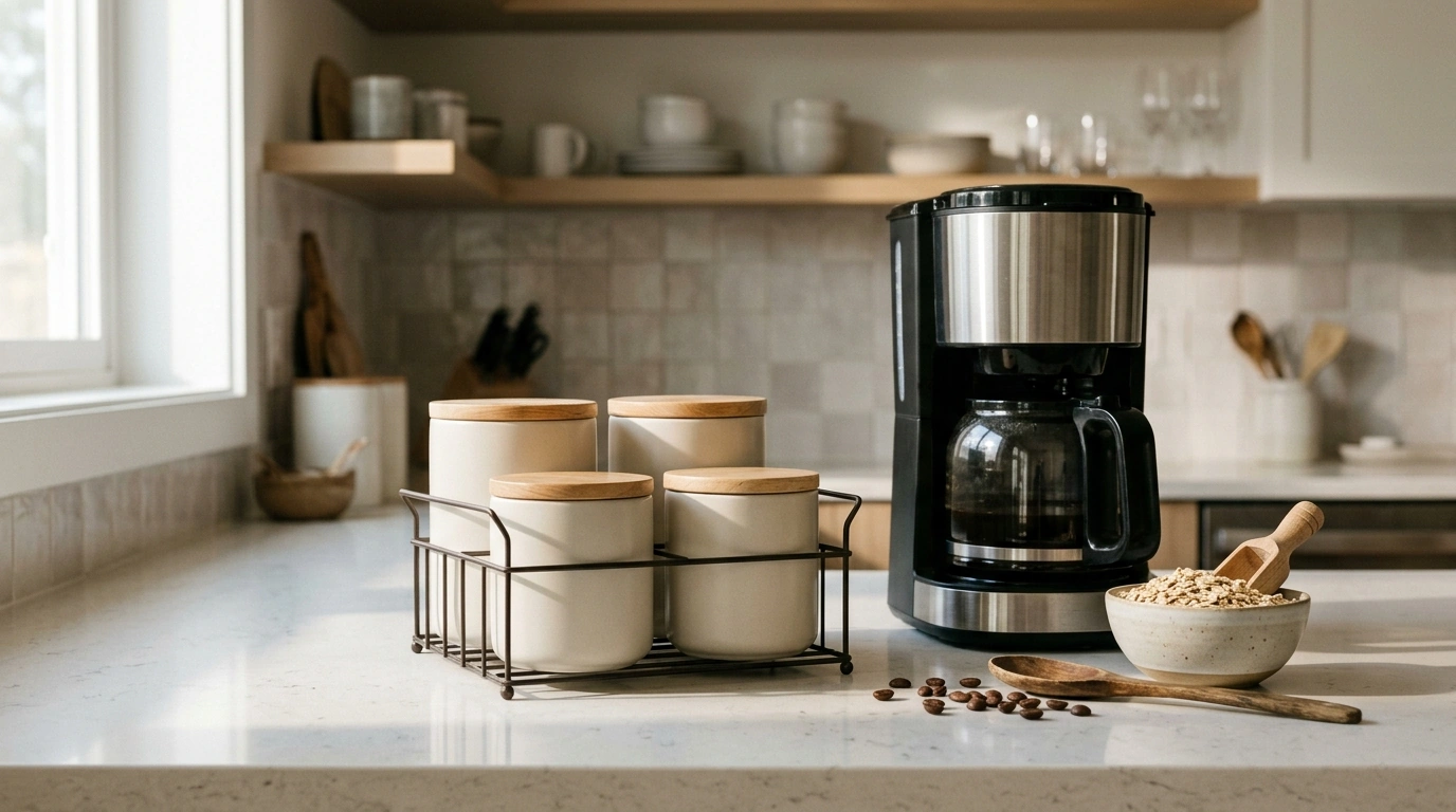 Countertop Ceramic Jars w/ Wooden Lids + Metal Rack